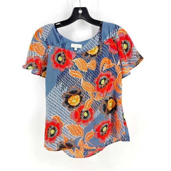 Chenault Women's Blouse Top Petite Small Floral Colorful Boho Blue Red Orange - Picture 1 of 9